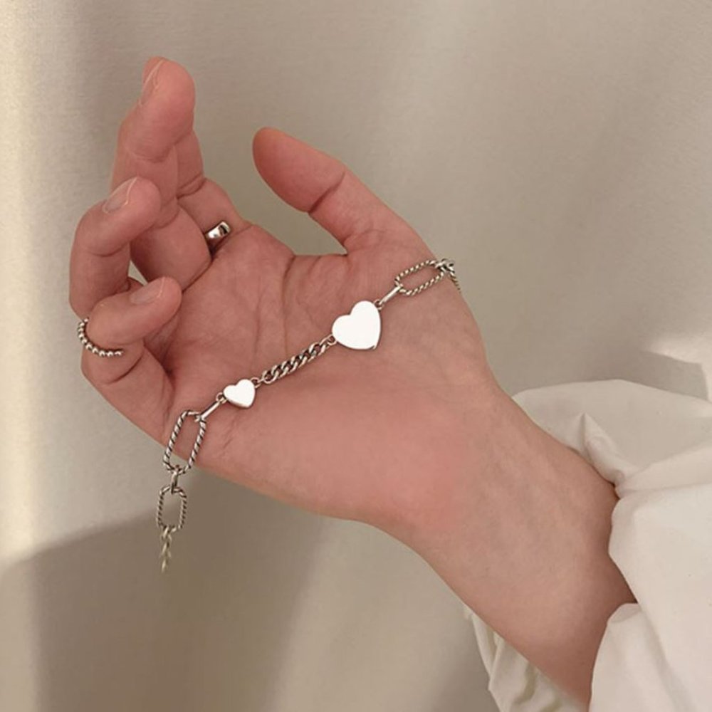 925 Sterling Silver Heart Link Bracelet Minimalist Dainty Silver Bracelet - Picture 7 of 7